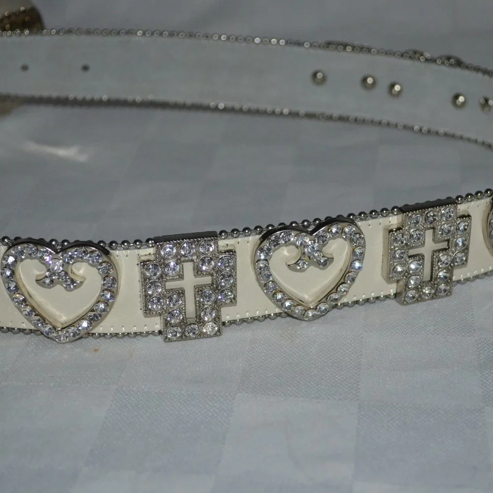 Sz S White Leather Swarovski Crystal Hearts Crosses Belt and Buckle